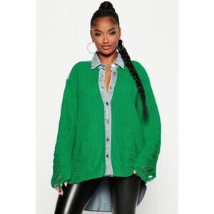 Fashion Nova Mixed Media Distressed Cable Knit Denim Shacket Light Wash Green M